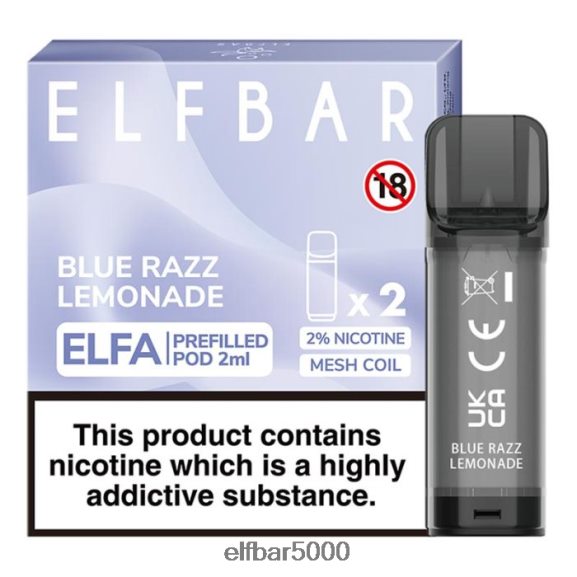 ELFBAR elfa esitäytetty pod - 2ml - 20mg (2 pakkausta) 6R28V2119 | Elfbar Bc5000 Ebdesign sininen razz-limonadi