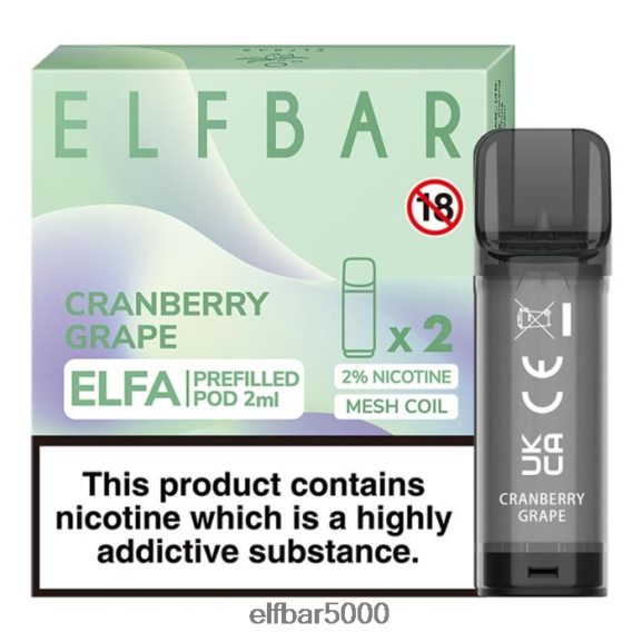 ELFBAR elfa esitäytetty pod - 2ml - 20mg (2 pakkausta) 6R28V2127 | Elf Bar 5000 Puff karpalo rypäle